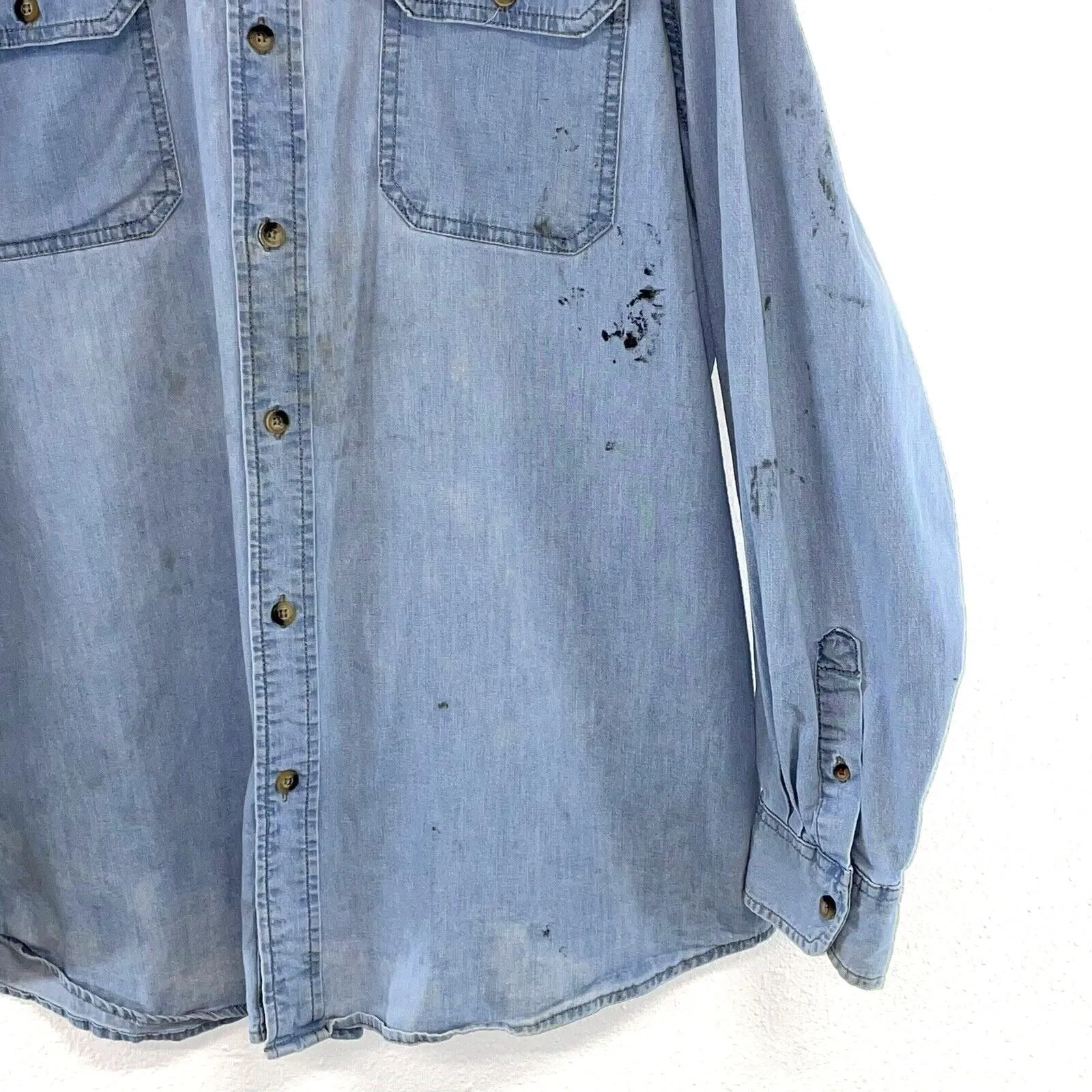 Wrangler Men's Denim Button Up Shirt Distressed Paint Workwear Light  Size XL