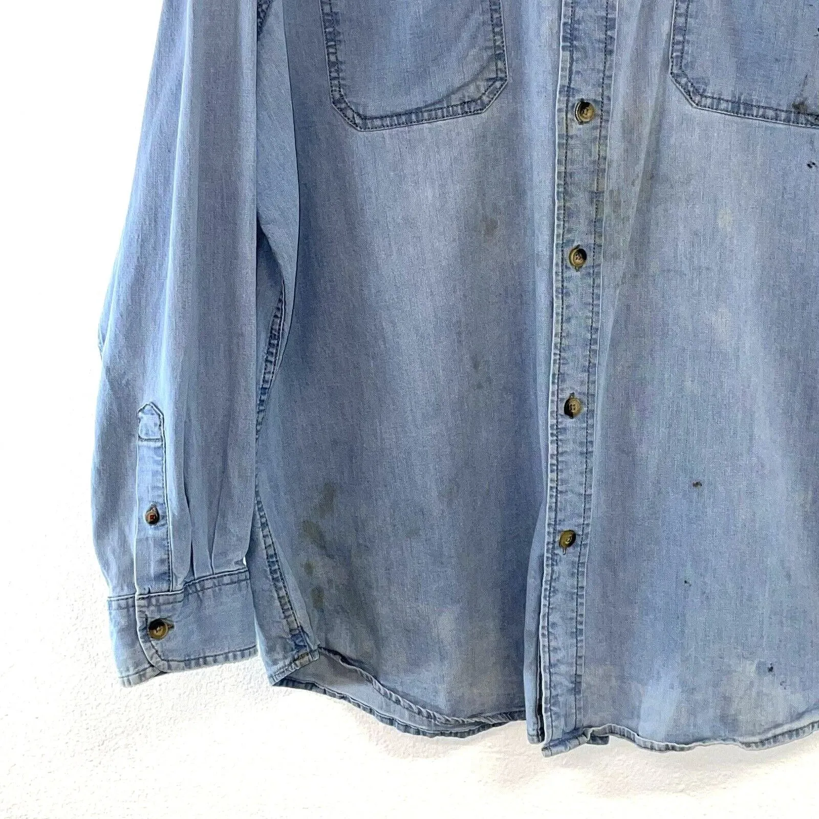 Wrangler Men's Denim Button Up Shirt Distressed Paint Workwear Light  Size XL
