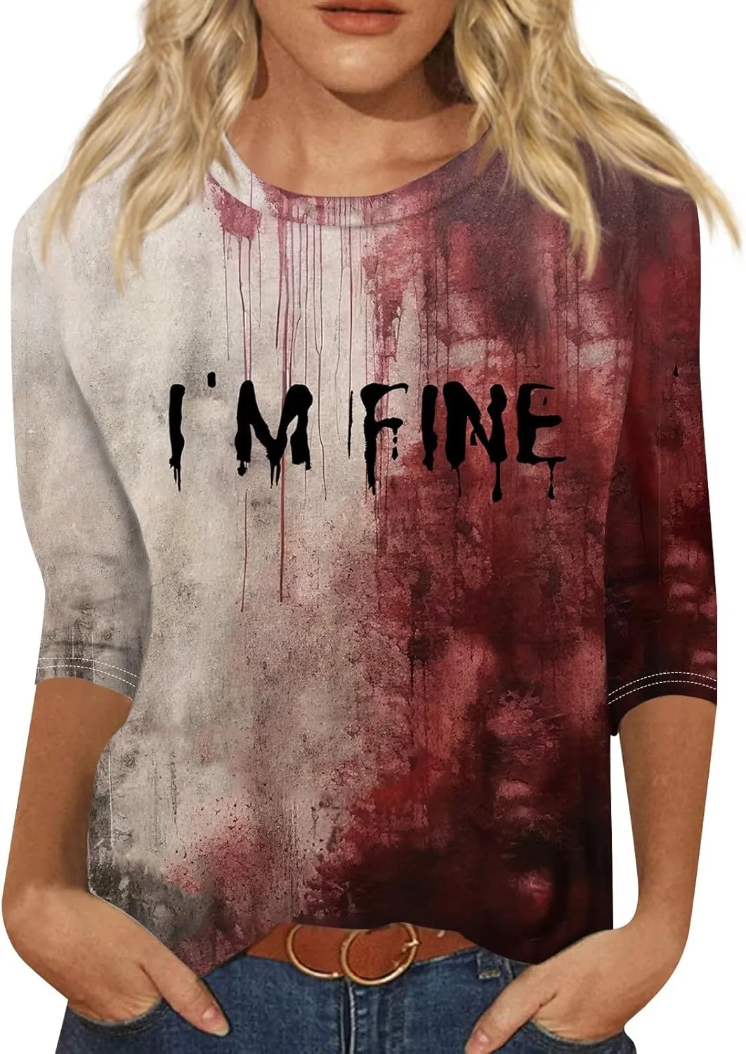 ZEFOTIM Womens Halloween Tops 3/4 Length Sleeve Crewneck Casual Scary Funny Shirts Ghost Bat Witch Tops