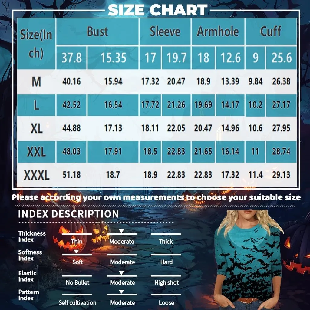 ZEFOTIM Womens Halloween Tops 3/4 Length Sleeve Crewneck Casual Scary Funny Shirts Ghost Bat Witch Tops